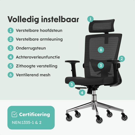 LifeGoods Ergonomischer Bürostuhl - mit extra Anti-Kratz-Rädern - Bürostuhl - NEN und SGS zertifiziert - Erwachsene - Kopfstütze - Schwarz/Chrom