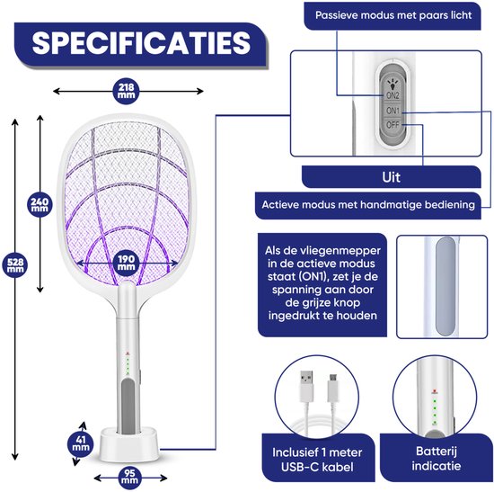 TTD® Premium Elektrische Fliegenklatsche und Mückenlampe Wiederaufladbar - 2 Stufen Fliegenklatsche und Mückenlampe - 2500 Volt - Mit Sicherheitsnetz - UV Licht - Fliegenfänger - Fliegenlampe - Mückenlampe für Innen und Außen - Mückenfänger - Insektenlamp