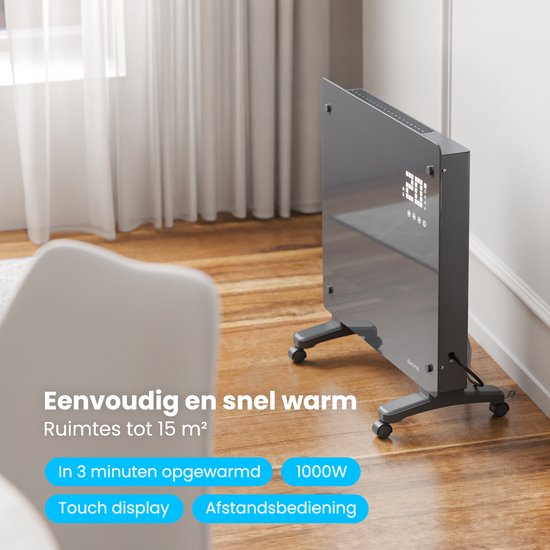 Auronic Electric Heater - Konvektor-Heizung mit Thermostat und Fernbedienung - Glasheizung - 1000W Heizung - Grau