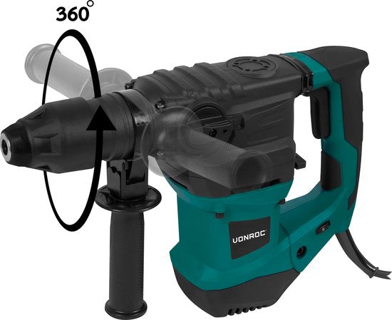 VONROC Bohrhammer 1500W - 6 Joule - Einstellbare Drehzahl - SDS plus - 4 Funktionen - Inkl. Bohrer & Meißel
