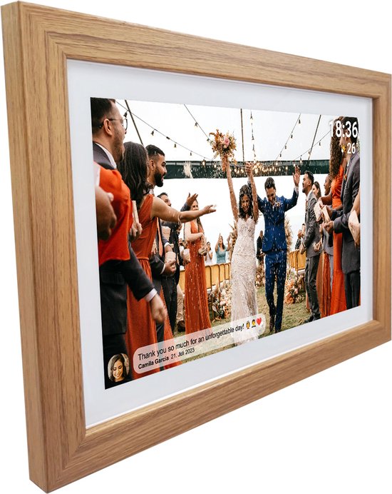 Denver Digitaler Bilderrahmen 15,6 Zoll - XL - Holz - Full HD - Frameo App - Bilderrahmen - WiFi - 8GB - IPS Touchscreen - PFF1542LW