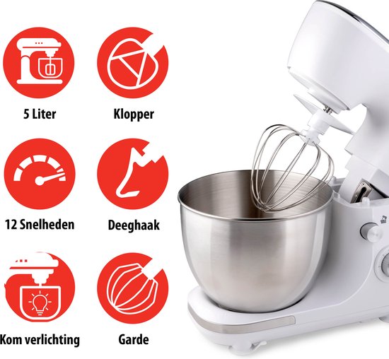alpina Food Processor - Küchenroboter - 5L Edelstahl-Mixbehälter - 3 Zubehörteile - Weiß