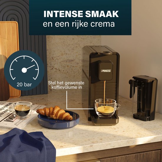 Princess Kapsel-Kaffeemaschine mit Milchaufschäumer - 249455 - Geeignet für Nespresso - 20 Bar - Espresso, Cappuccino & Latte - Kompakt - Automatisches Milchsystem - 1400 W