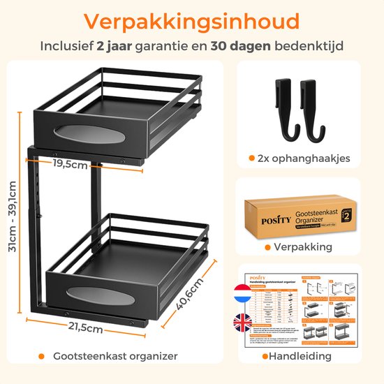 Posity Küchenschrank-Organizer - Spülenschrank-Organizer - Arbeitsplatten-Organizer - Aufbewahrungsregal - Badezimmer-Organizer - Küchenregal - ausziehbar - Metall - Schwarz