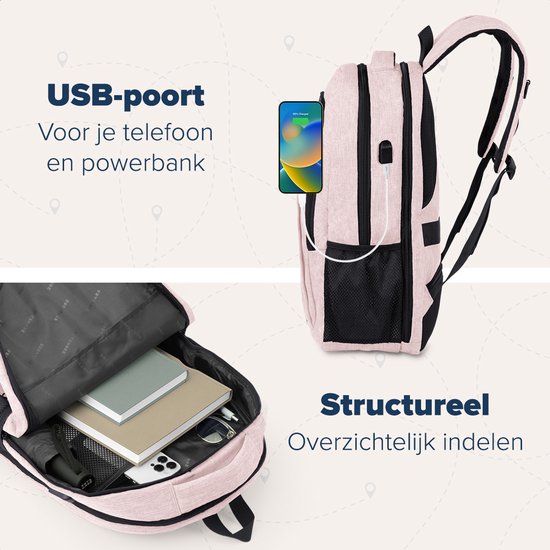 TRVLMORE Rucksack - 36L - 17.3 Zoll - Laptop-Rucksack mit USB - Schultasche - Herren und Damen - Tasche -Lebenslang - Pink