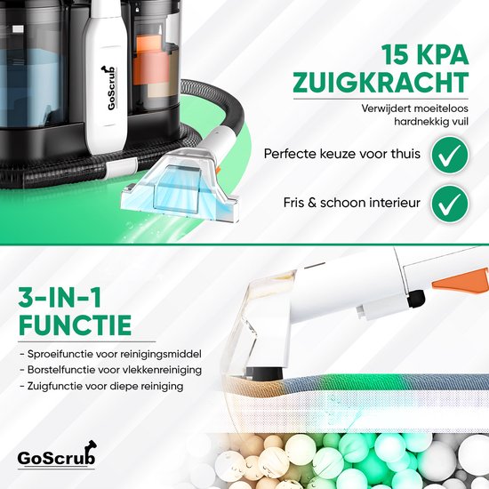 GoScrub® Professioneller Teppichreiniger - Flecken- und Sofareiniger - Für Sofa, Auto, Matratze - Inklusive Reinigungsmittel - Reiniger - Sitzreiniger