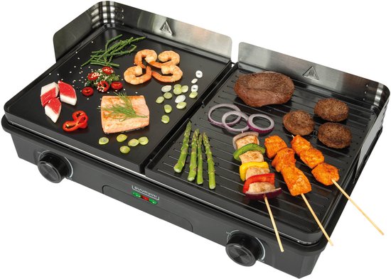 Bourgini Plancha Pure for 8 - Keramikbeschichtet (PFAS-frei) - Elektrisch - Gesundes Grillen - Backblech - Griddleplatte - Drehbare Grillplatte gerippt und flach