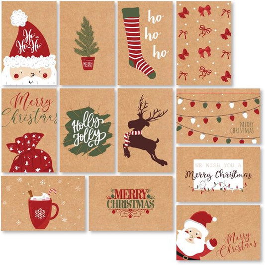 Giftmas Christmas Collection - Grußkarten & Weihnachtskarten Set - 36 Grußkarten mit 12 Motiven - Inklusive Umschläge und Aufkleber - Kraftpapier mit schwarzem Druck für die Feiertage - 20×15 cm