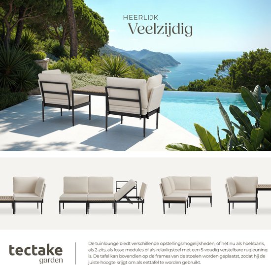 tectake® - Magaluf Lounge Set - 5-in-1-Gartenset mit Aluminiumgestell - 2 Gartensessel und 1 Couchtisch - Aufstellbar als Liege, Eckbank oder 2-sitzige Gartenbank - Inklusive Kissen - Balkonset 2 Personen