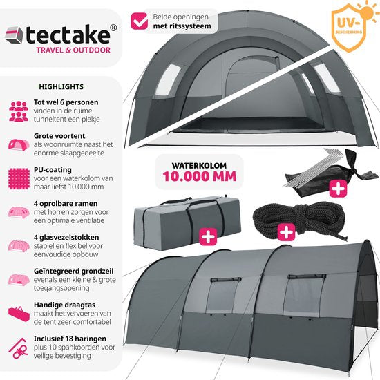 Tectake Roskilde Tunnelzelt - für 6 Personen - mit Vorzelt und Bodenplane - grau