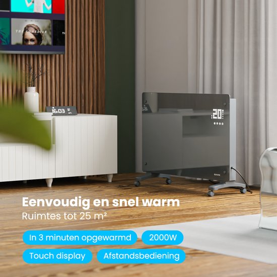 Auronic Electric Heater - Konvektor-Heizung mit Thermostat und Fernbedienung - Glasheizung - 2000W Heizung - Grau