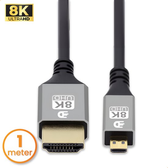Drivv. Premium Micro HDMI zu HDMI Kabel 2.1 - 8K 60Hz / 4K 120Hz Ultra HD - Geeignet für Kamera, GoPro, Computer - 1 Meter - Grau