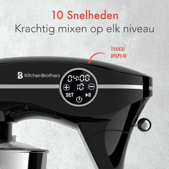KitchenBrothers Küchenroboter - Touch Display und Timer - Küchenroboter - 6.2L - 1800W - Küchenmaschine - Aluminium - Schwarz
