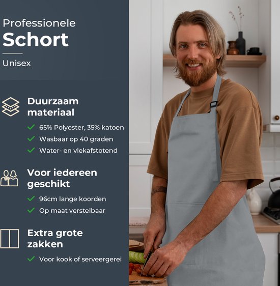 Küchenschürze - Wasser- und schmutzabweisend - Professionelle Kochschürze - Schürze für Frauen und Männer - Catering-Schürze - Unisex - Verstellbare Schnalle - Extra große Fächer - Hellgrau
