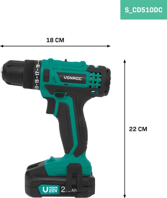 VONROC Akku-Bohrmaschine 20V - 19 Schraubpositionen + Bohrposition - Inkl. 2 Bits - Inkl. 2.0Ah Akku und Schnellladegerät