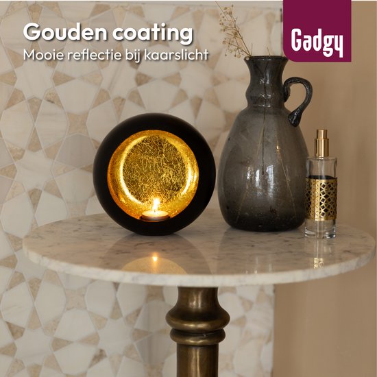 Gadgy Teelichthalter rund - Teelichthalter - Weihnachtsdekoration Wohnzimmer - Stimmungsvolle Lichter im Innenbereich - Kerzenhalter für Teelichter 17x17 cm - Windlicht Metall - Schwarz/Gold - Geschenk für Frauen