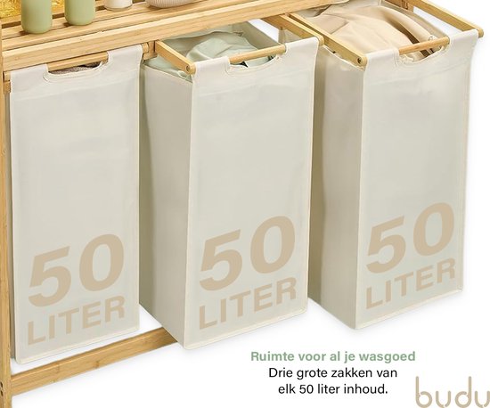 Budu Wäschekorb mit 3 Fächern – Wäschetrennkorb – Wäschekörbe aus Bambus – 150 l