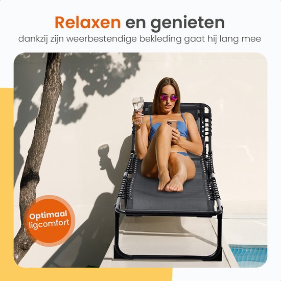 Goliving Liege - 5 Ständer - 188 x 56 x 29 cm - Faltbare Sonnenliege - Faltbare Strandliege - Gartenliege - Inklusive Kopfkissen - Verstellbare Rückenlehne - Schwarz