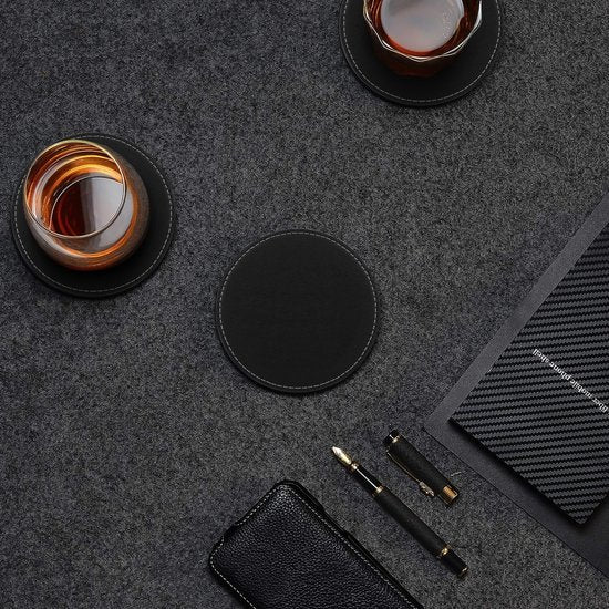 Castagnola Kunstleder-Untersetzer - Untersetzer für Gläser - Design-Untersetzer mit Halterung - Leder-Untersetzer-Set - Leder - 10er-Set - Schwarz mit Naht