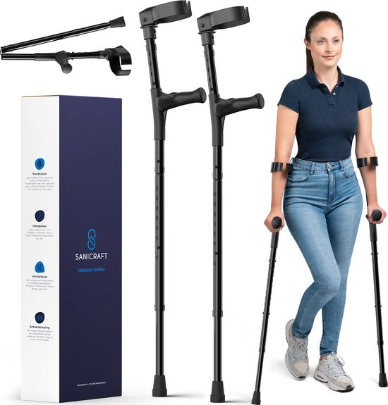 Sanicraft® Krücken - Ellenbogen Krücken - Rehabilitation - Walking Krücken - einstellbar - Ergonomische Gel Griffe - 2 Stück - faltbar - Schwarz
