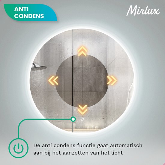 Mirlux Badezimmerspiegel - Rund 60 cm - LED-Beleuchtung & Heizung - Anti-Beschlag-Duschspiegel - Rahmenlos