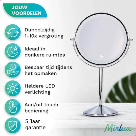 Mirlux Make Up Spiegel mit LED-Beleuchtung - 10x Vergrößerung - Rasierspiegel klein auf Fuß - 3 Lichtstufen - wiederaufladbar - Vergrößerungsspiegel Chrom