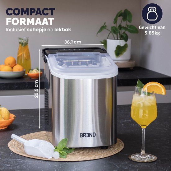 BREND BR-2213 Eiswürfelbereiter mit Schaufel und Tropfschale - Große L oder kleine S Eiswürfel - Tragbarer Eiswürfelbereiter - 10 kg in 24 Stunden - Silber
