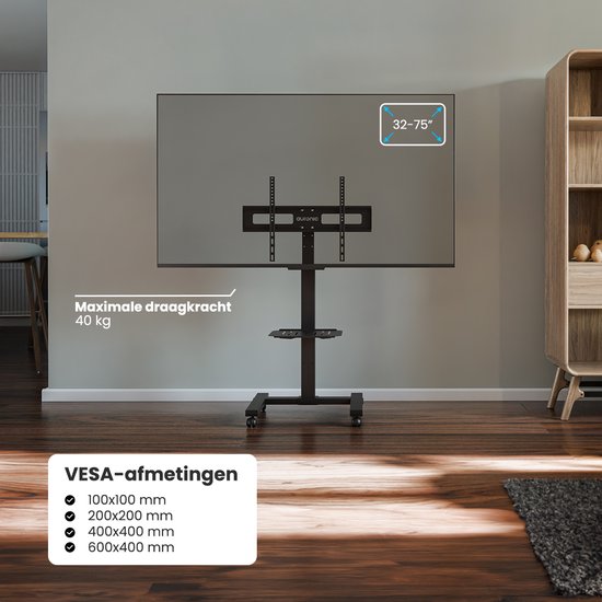 Auronic TV Stand - TV-Fuß - Mobil - Drehbar - Verstellbar - Neigbar - Räder mit Bremse - 32 bis 75 Zoll - Schwarz