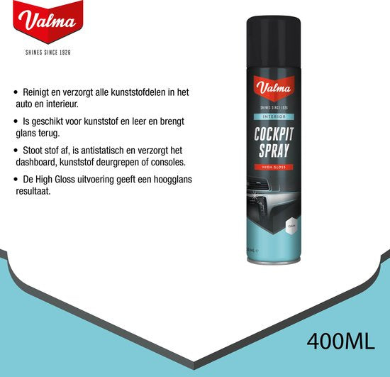 Valma Cockpitspray Hochglanz 400 ml - Reinigung für den Autoinnenraum - staubabweisend - geeignet für Kunststoff und Leder