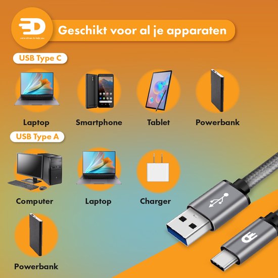 Drivv. USB zu USB C Kabel - Schnellladegerät - USB C Daten- und Ladekabel - 5 Meter - Geeignet für Samsung, iPhone 15 & mehr - Space Grau
