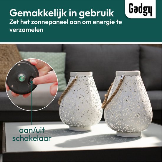 Gadgy Solar Laterne Matt Weiß - 2er Set - Solar Gartenleuchte - Led Außenleuchte mit Tag/Nacht Sensor - Tischlampe - Hängelampe - Gartenlaterne - Metall - 23 x Ã˜ 17,5 cm