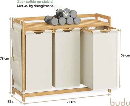 Budu Wäschekorb mit 3 Fächern – Wäschetrennkorb – Wäschekörbe aus Bambus – 150 l