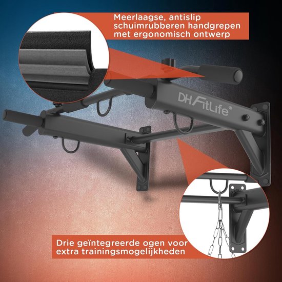 DH FitLife 4-in-1 Wandklimmzugstange mit Spreizstecker, multifunktionale Klimmzugstange für zu Hause bis 200 kg | 6 rutschfeste Griffe | 3 Ösen für Boxsack & Schlingentrainer | sicher und stabil