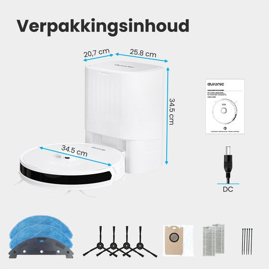 Auronic Staubsaugerroboter - Mit Wischfunktion - WiFi und App - Ladestation - Haustiere - Wischroboter - Lasernavigation - Automatische Entleerungsstation - Weiß