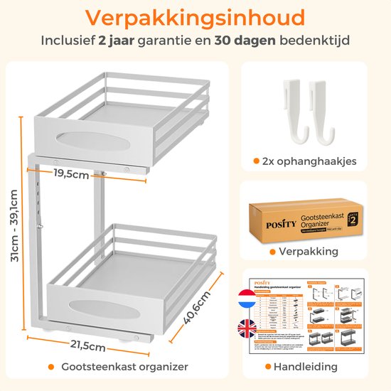 Posity Küchenschrank-Organizer - Spülenschrank-Organizer - Arbeitsplatten-Organizer - Aufbewahrungsregal - Badezimmer-Organizer - Küchenregal - ausziehbar - Metall - weiß