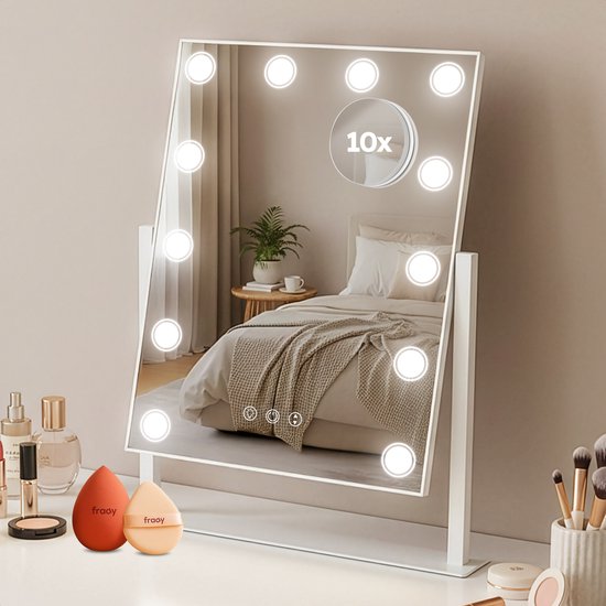 Fraay® Hollywoodspiegel mit Beleuchtung 41x30cm - 3 Lichtstufen - Schminkspiegel mit 10-facher Vergrößerung - LED-Spot-Beleuchtung dimmbar - inkl. Beauty Blender und Puderquaste