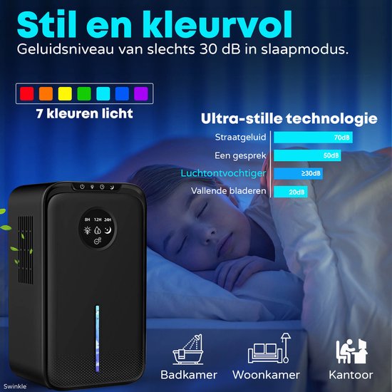 Swinkle® Luftentfeuchter und Luftreiniger - Bis zu 1L pro Tag - Geeignet für Wohnzimmer, Schlafzimmer, Badezimmer - Mit LED Bildschirm - Schwarz