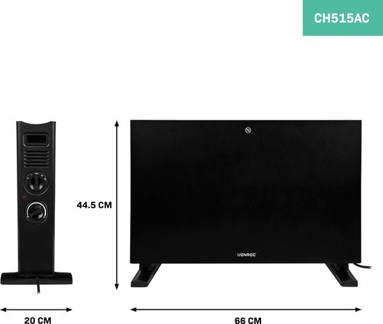 VONROC Elektroheizung - Konvektorheizung - Mit eingebautem Heizkörperlüfter - 2 Stufen: 1250W/2000W - Einstellbarer Thermostat - Beheizt Räume bis zu 24m2 - Modernes Design - Schwarz