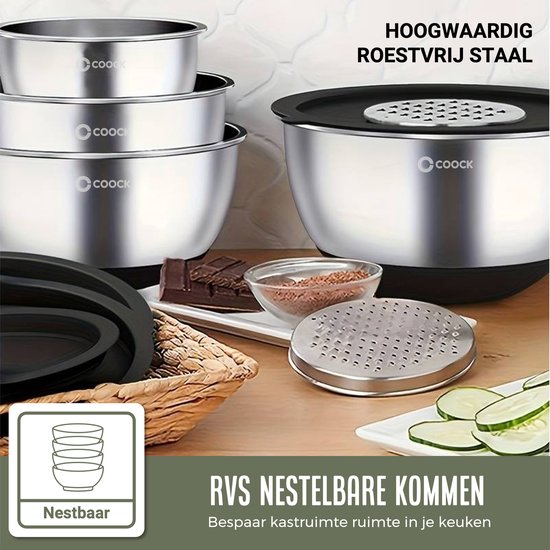 COOCK Edelstahl Rührschüsselset mit Deckel - Bratschüsseln mit Deckel - Vorratsschüssel mit Reibe - Schüssel für Salate & Mischungen - 22-teiliges Set 1,5 bis 5 Liter - Inkl. Messlöffel