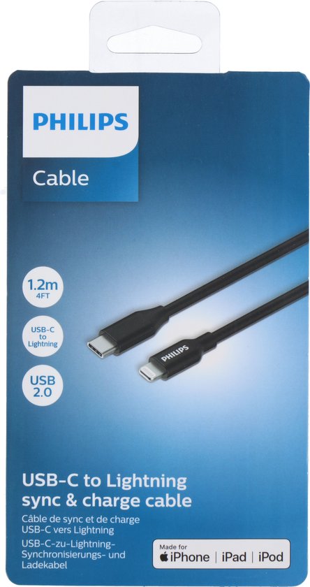 Philips - USB-A zu Lightning Kabel - DLC3106V/03 - 2 Meter Kabel - Laden und Synchronisieren - Ersatz Apple Lightning Kabel - Schwarz