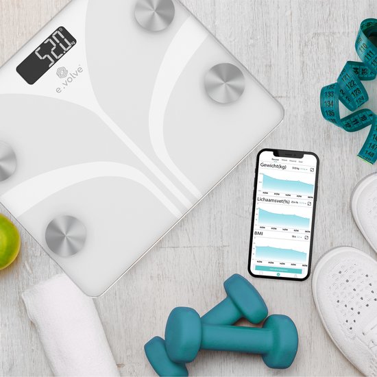 e.volve Waage Personenwaage Digital - Weiß - Intelligente Waage - Mit Körperanalyse - Präzisionswaage - inkl. App