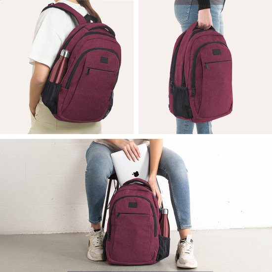 TRVLMORE Rucksack mit Lifetime - Rucksack mit 15.6 Zoll Laptopfach - Schultasche - spritzwassergeschützt - Männer und Frauen - Jungen und Mädchen - 28L - Burgunderrot