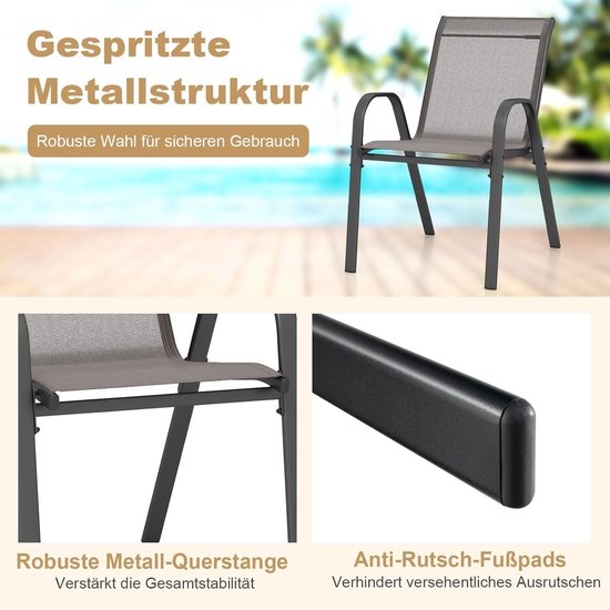 COSTWAY 4er-Set stapelbarer Gartenstühle, Stapelstühle mit Textil- und Metallgestell, Terrassenstühle mit Armlehnen, Balkonstühle, belastbar bis 150 kg, 56 x 70 x 84 cm, grau