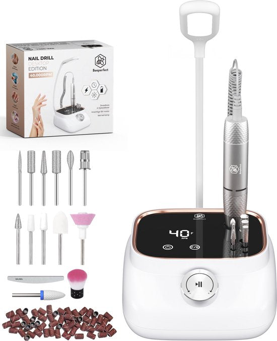 Beeperfect® Elektrische Nagelfeile Desktop Edition - Nagelfräse - Maniküre- und Pediküreset - 40.000 U/min - kabellos & wiederaufladbar - 11 Bits 3 Zubehör & 56 Schleifrollen - Rose Gold