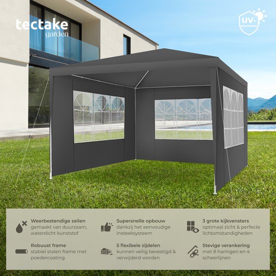 tectake - Pavillon Barinas - Partyzelt 3x3 m - Wasserdichte Plane mit 3 abnehmbaren Seitenwänden - Wetterfester Gartenpavillon - Inklusive Spannleinen und Heringe - Grau