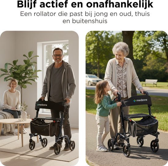Medzone Rollator leicht und faltbar - für drinnen und draußen - Sitzfunktion - Rückenlehne und Gehstockhalterung - Schwarz