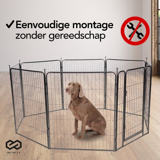 Infinity Goods Hundeauslauf - Welpenauslauf - 8 Paneele - 80 x 80 CM - 640 CM Umfang - faltbar - mit Tür - Stahl - Schwarz