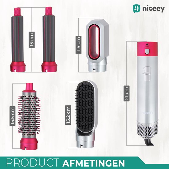 Niceey Haartrocknerbürste - Lockenstab 5-in-1 Set - Airstyler - Multistyler - Stylingbürste - Lockenstab mit Aufsätzen - Haartrockner mit Bürste - Mit Handschuh - Lockenbürste - Haarbürste - 2025 Modell - Grau/Lila