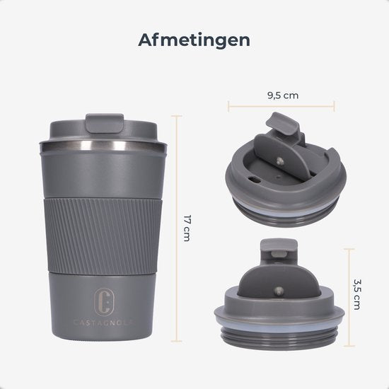 Castagnola Thermos Cup - Kaffeebecher To Go - Reisebecher für Kaffee und Tee - Teebecher - 380 ML - Edelstahl - Grau