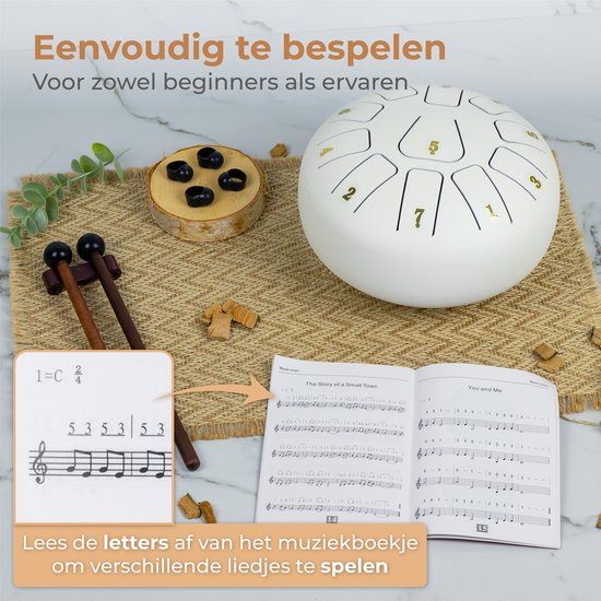 Nuvance - Handpan - Inkl. Lehrbuch, Fingertrommeln und Aufbewahrungstasche - Zungentrommel - Handpan-Trommel - Stahlzungentrommel - Weiß